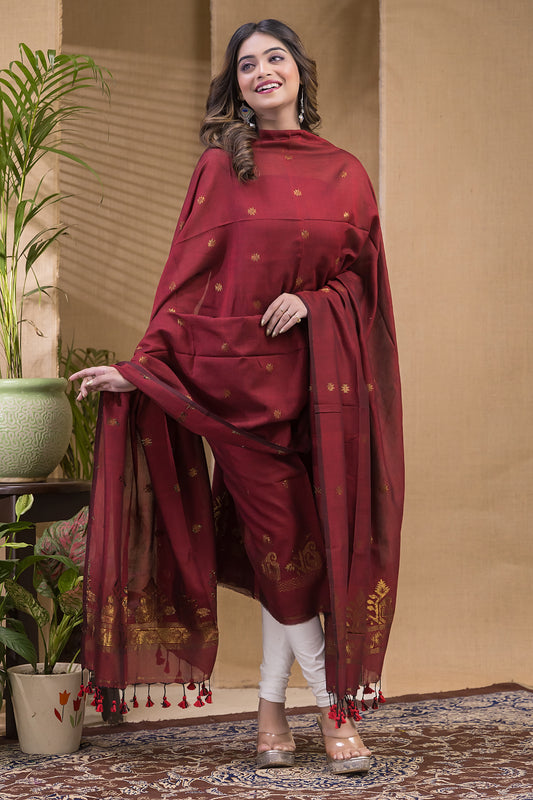 Terracotta Rouge | Handloom Jamdani Cotton Unstitched 2-Piece Kurti | Meenakari Design