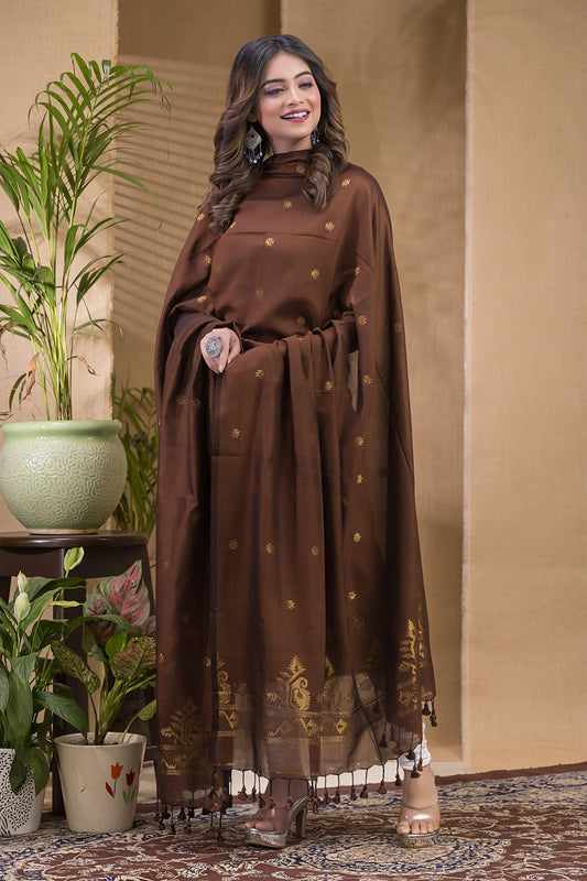 Cocoa Husk | Handloom Jamdani Cotton Unstitched 2-Piece Kurti | Meenakari Design