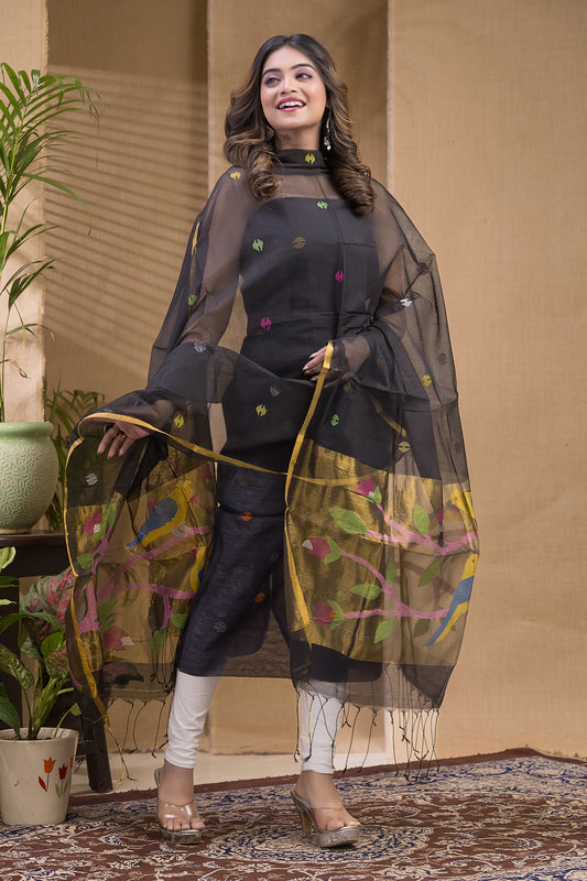 Deep Black | Handloom Jamdani Muslin Unstitched 2-Piece Kurti | Paithani Design