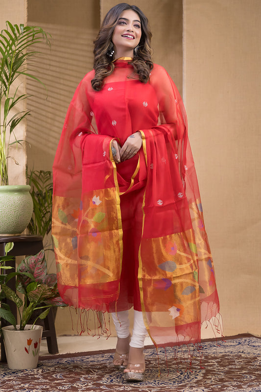 Persimmon Red | Handloom Jamdani Muslin Unstitched 2-Piece Kurti | Paithani Design