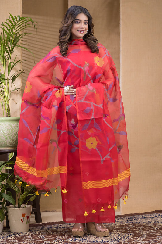 Coral Red | Handloom Jamdani Muslin Unstitched 2-Piece Kurti | Classic Design