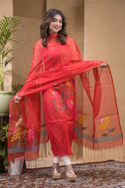 Signal Red | Handloom Jamdani Muslin Unstitched 2-Piece Kurti | Classic Design