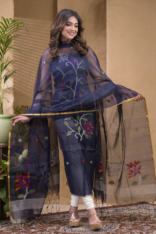 Denim Navy | Handloom Jamdani Muslin Unstitched 2-Piece Kurti | Classic Design