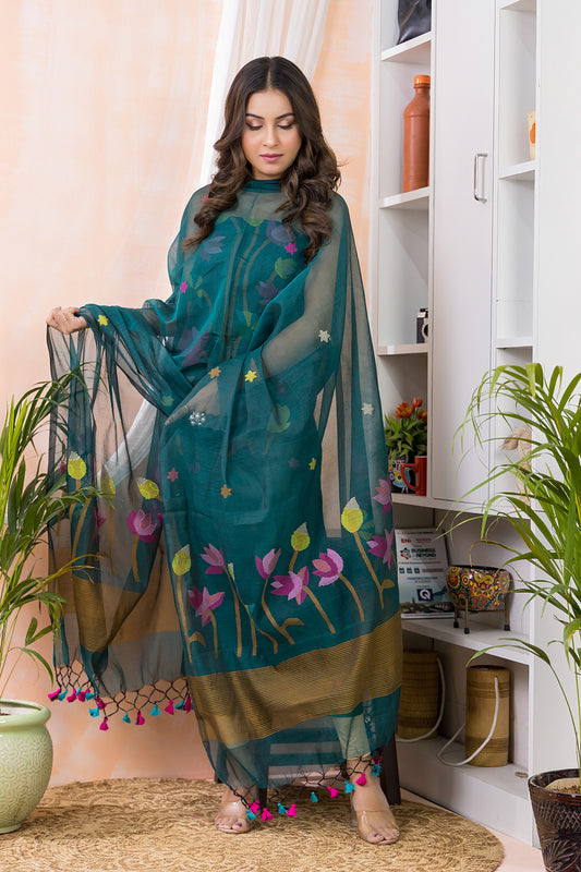 Deep Teal | Handloom Jamdani Muslin Unstitched 2-Piece Kurti | Classic Design