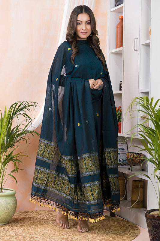 Deep Sea Green | Handloom Jamdani Linen Unstitched 2-Piece Kurti | Baluchari Design