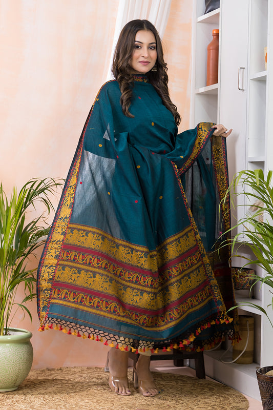 Deep Cyan | Handloom Jamdani Muslin Unstitched 2-Piece Kurti | Baluchari Design