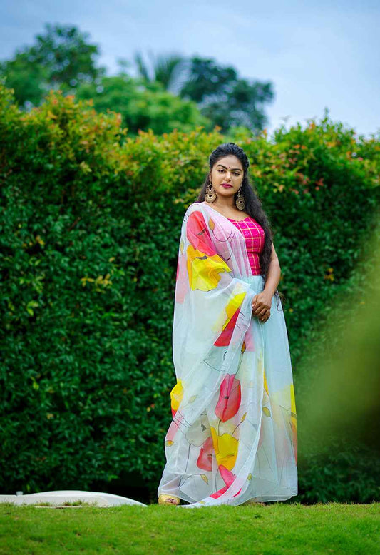 Ivory White with Multi Color Floral-Organza Hand-painted Saree-015