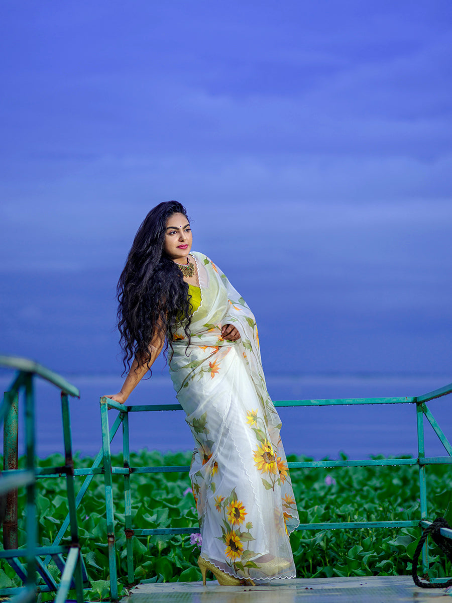 Ivory White With Sunflower Floral- Organza Hand-painted Saree-013