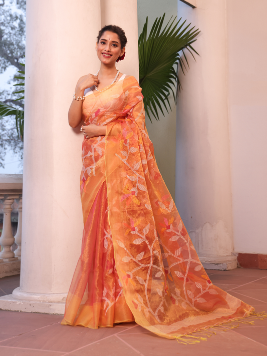 Coral Orange Pure Hand Made Jamdani Saree - 094