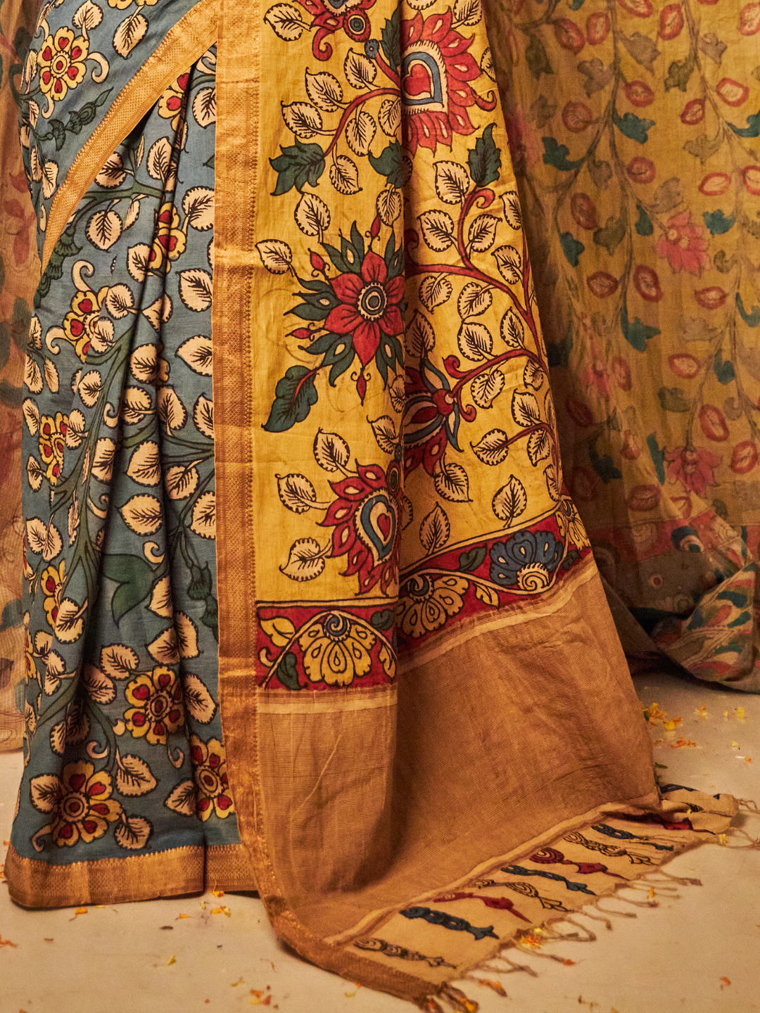 Traditional Handpainted Pen Kalamkari Tussar Silk Saree | Sky Blue