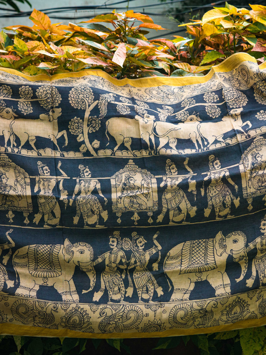 Traditional Handpainted Pen Kalamkari Tussar Silk Saree | Navy Blue