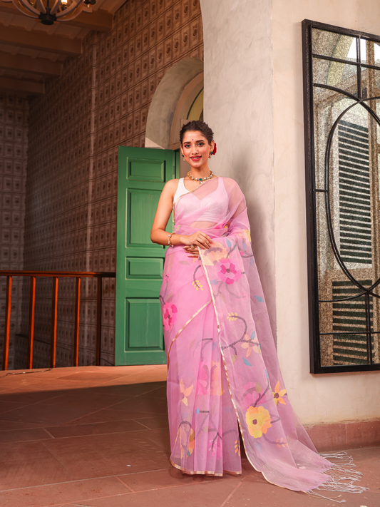 Rose Pink Pure Hand Made Jamdani Saree - 100
