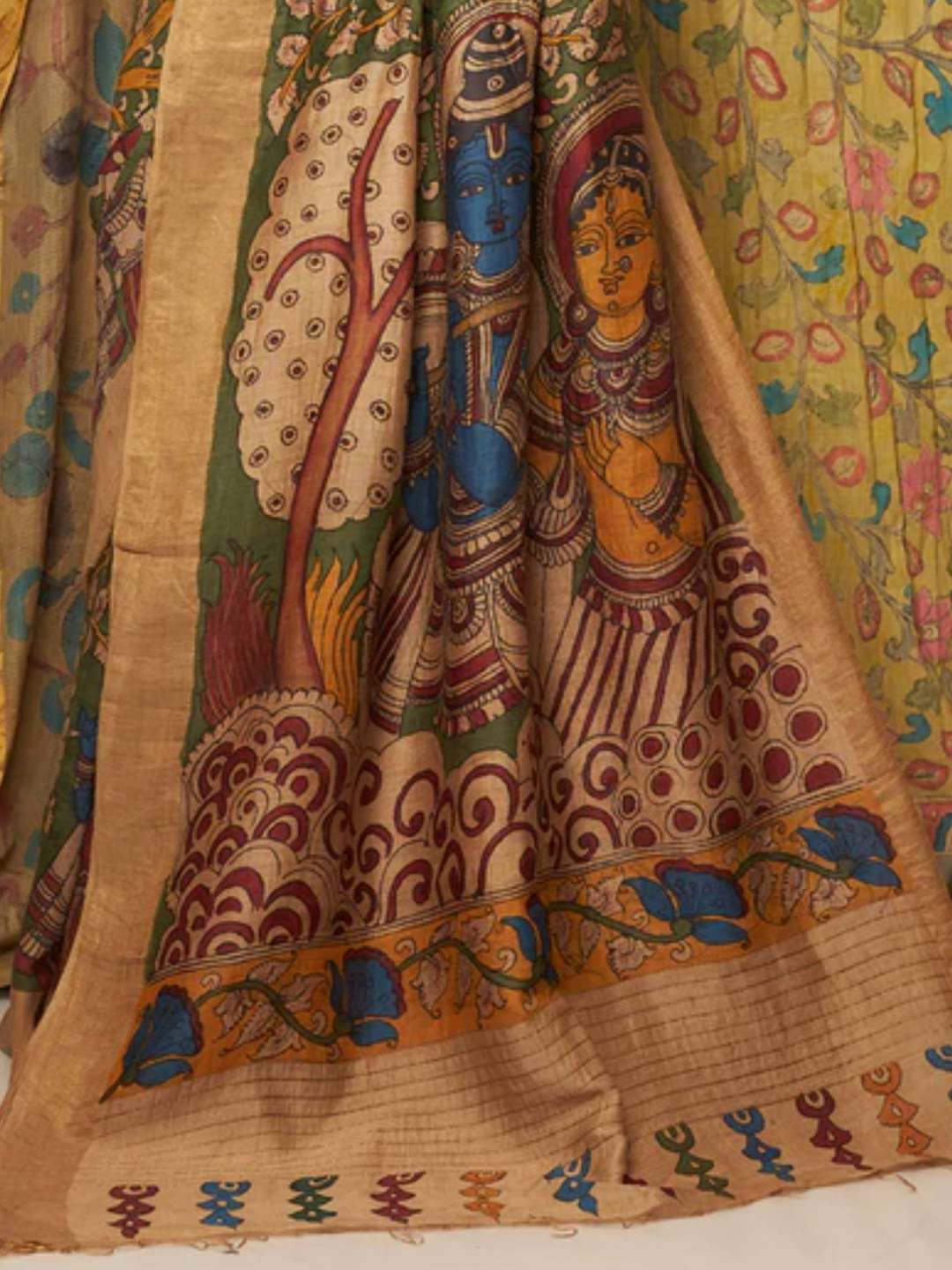 Traditional Handpainted Pen Kalamkari Tussar Silk Saree | Peacock Teal