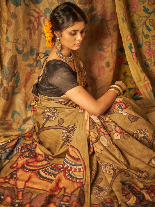 Traditional Handpainted Pen Kalamkari Tussar Silk Saree | Honey Yellow