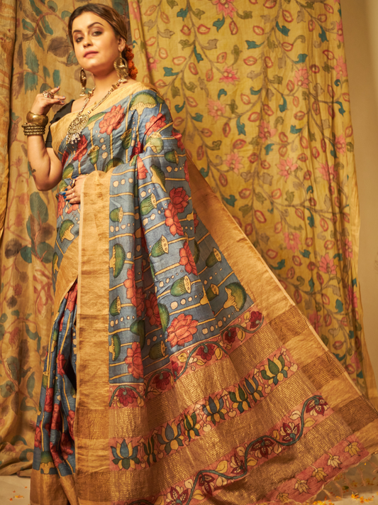 Sky Blue Lotus Floral Tussar Kalamkari Saree-018