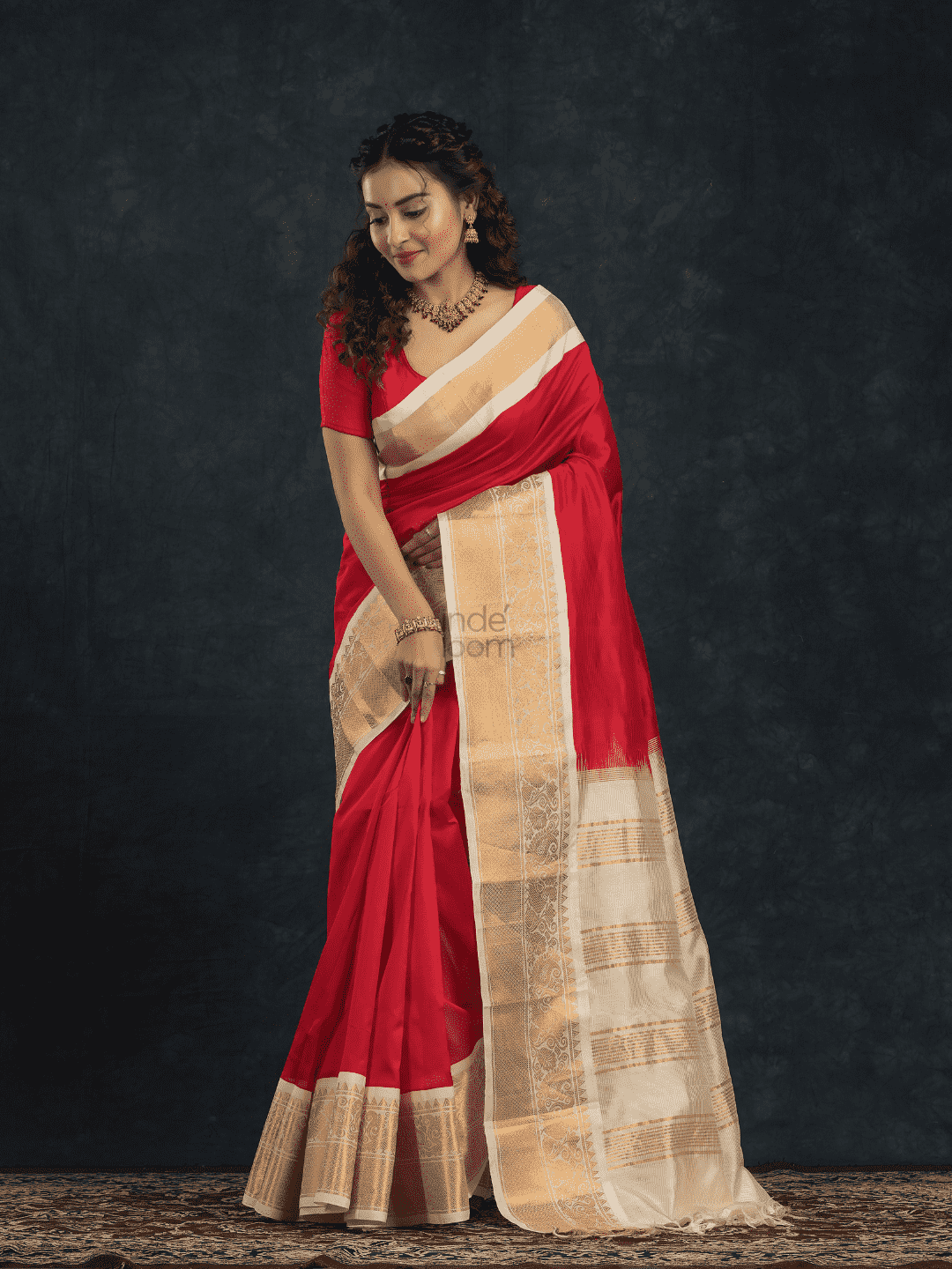 Pure handloom Korvai Silk Cotton Saree in Hot Red and Ivory White Border - 001