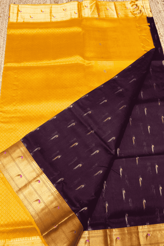 Pure Handloom Korvai Saree | Paithani inspired design; Parrot Buttas | Dark Brown