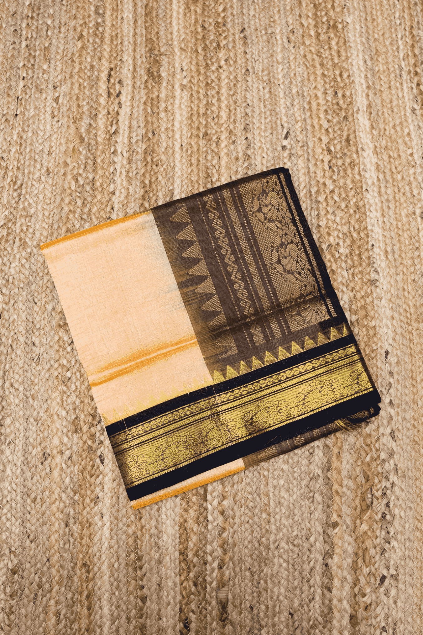 Pure handloom Korvai Silk Cotton Saree in Sand Brown and Black Border with Zari Checks - 135