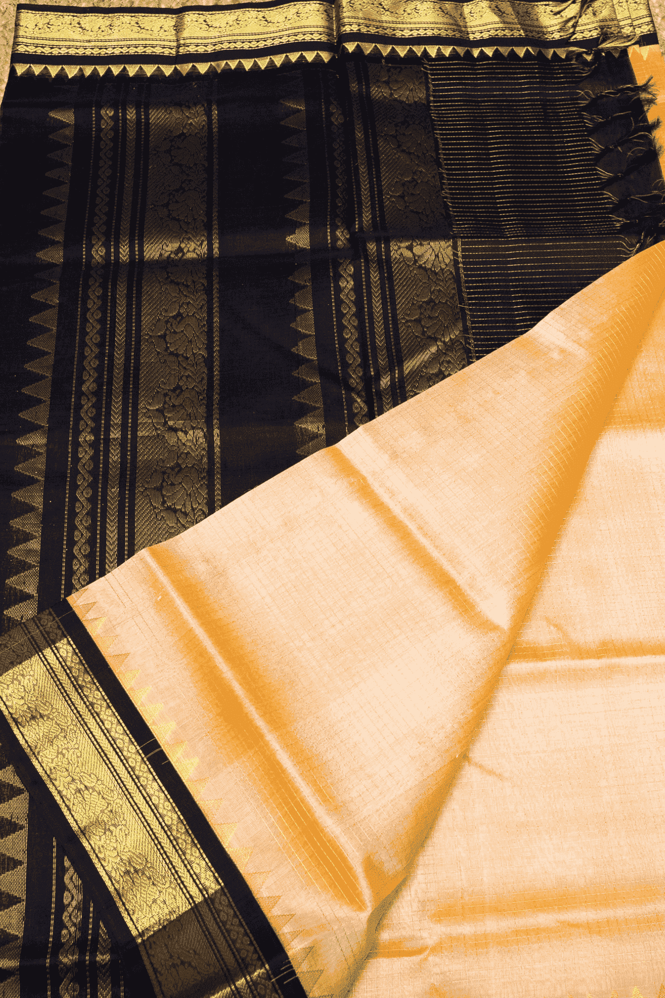 Pure handloom Korvai Silk Cotton Saree in Sand Brown and Black Border with Zari Checks - 135
