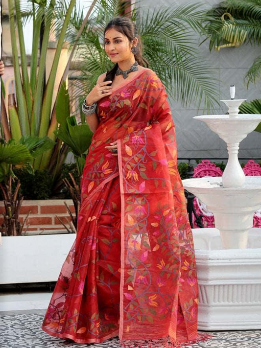 Chilli Red Hand Made Muslin Jamdani Saree - 081