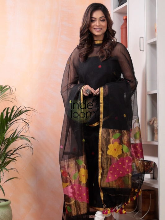 Deep Black | Handloom Jamdani Muslin Unstitched 2-Piece Kurti | Paithani Design