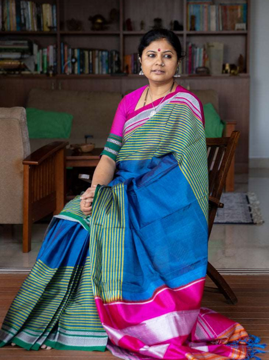 Pure Ilkal Saree in Blue and Green With Pink Pallu  - 004