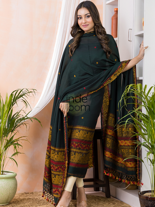 Olive Green | Handloom Jamdani Muslin Unstitched 2-Piece Kurti | Baluchari Design