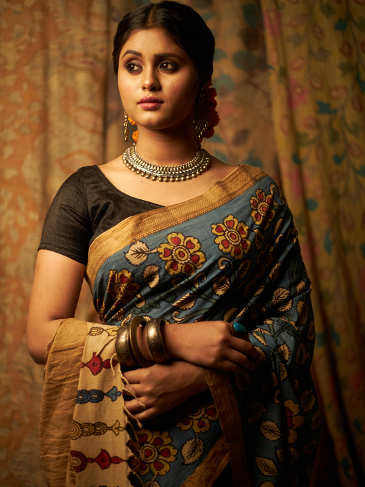 Traditional Handpainted Pen Kalamkari Tussar Silk Saree | Sky Blue