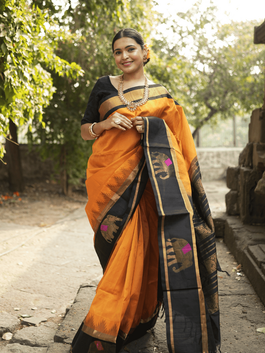 Pure Handloom Korvai Saree | Honey Yellow and Coal Black