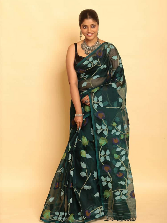 Blue and Green Leafs Muslin Jamdani Saree-089