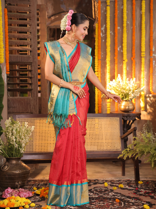 Pure Handloom Korvai Saree | Passion Red Sky Blue