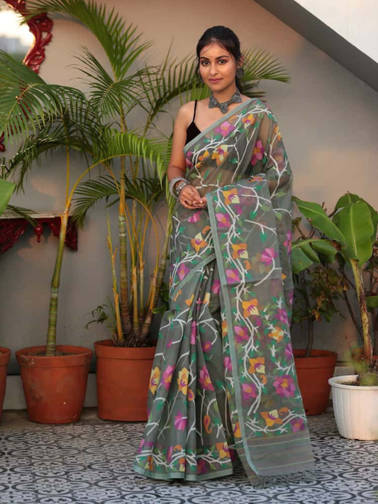 Fern Green Muslin Hand Made Jamdani Saree - 086