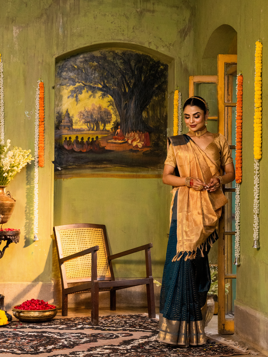 Pure Handloom Korvai Saree | Teal Blue and Golden Yellow