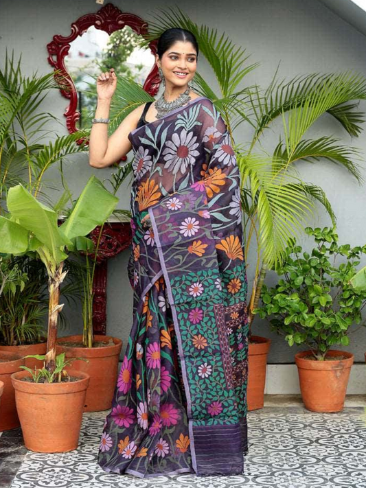 Handwoven Pure Jamdani Muslin Saree | Midnight Black