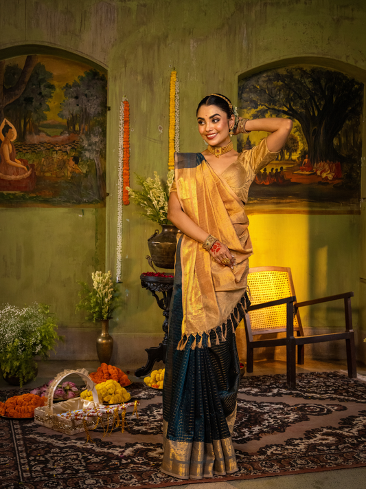 Pure Handloom Korvai Saree | Teal Blue and Golden Yellow