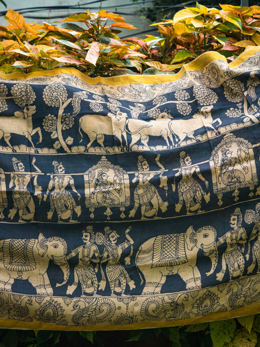 Blue Black Sri Rama Kalyanam Kalamkari Saree - 024