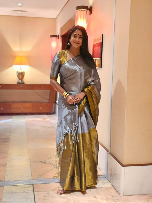 Tissue Silk Saree in Gold and Grey Half and Half -046