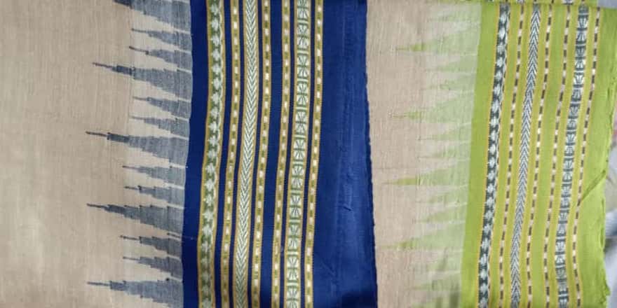 Beige & Blue, Handloom Vidarbha Tussar Silk Saree with Multicolor Contrast Border-019 - indeloom