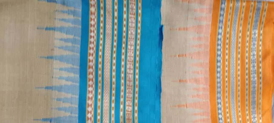 Beige & Blue, Handloom Vidarbha Tussar Silk Saree with Multicolor Contrast Border-023 - indeloom