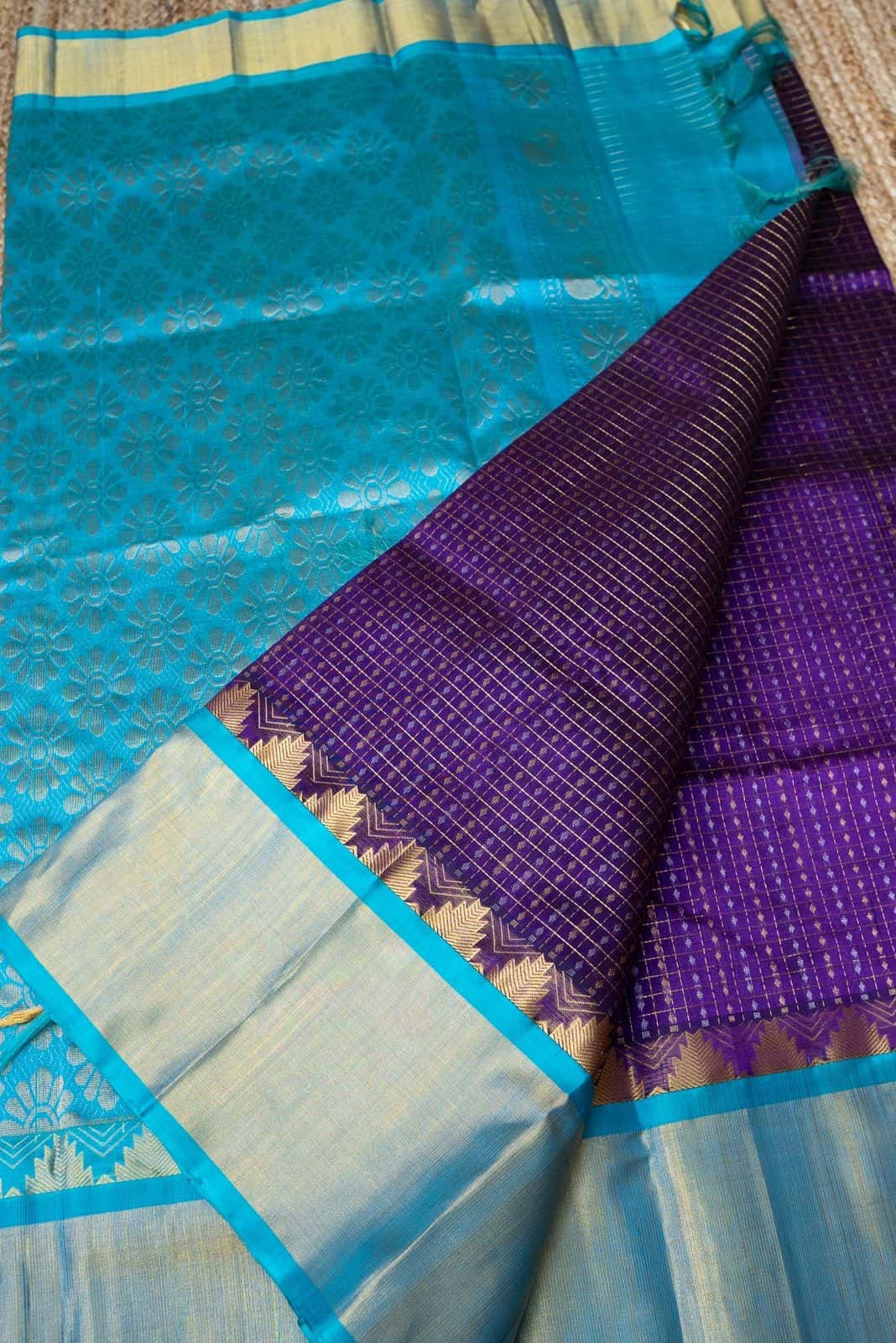 Korvai Saree Lakshadeepam in Golden Purple Shaded with Sky Blue Pallu - 042 - indeloom