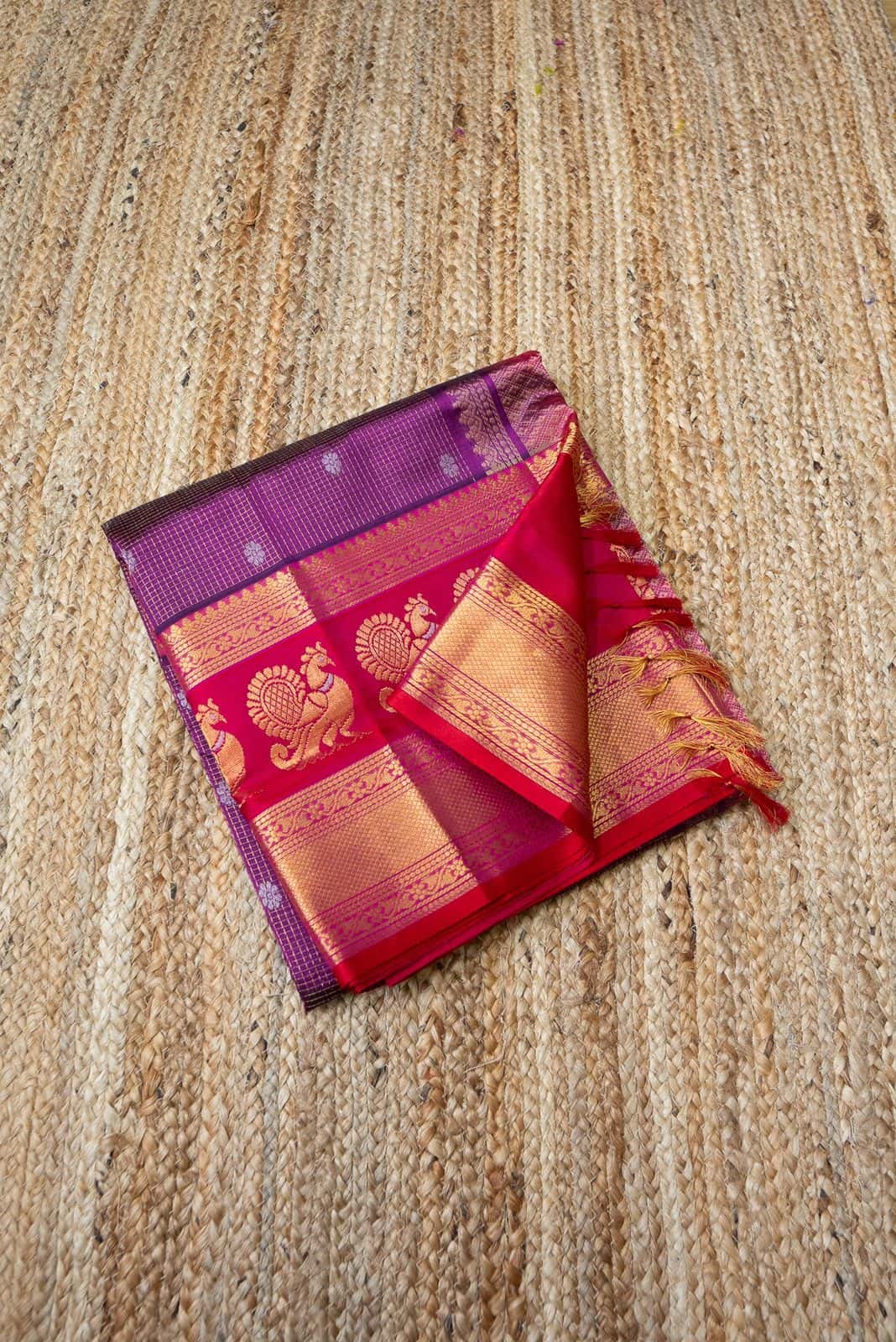 Korvai Saree in Lollipop Purple with Maroon Red Golden Mayil Border - 043 - indeloom