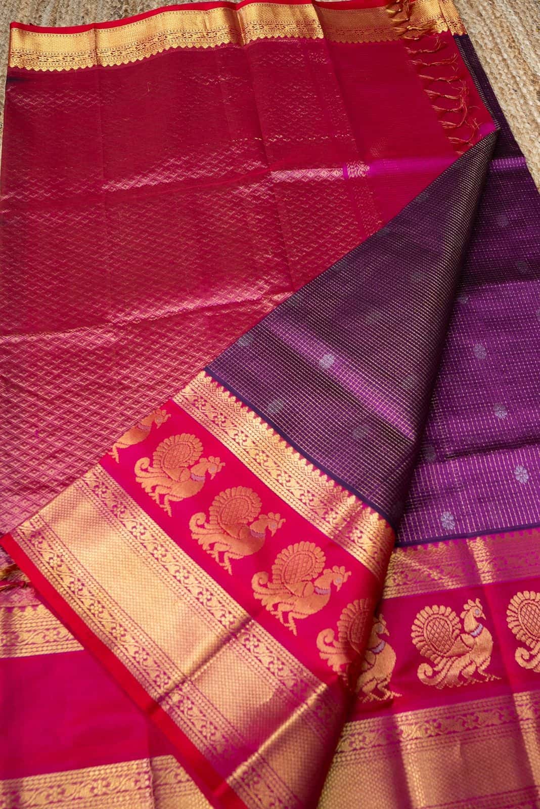 Korvai Saree in Lollipop Purple with Maroon Red Golden Mayil Border - 043 - indeloom