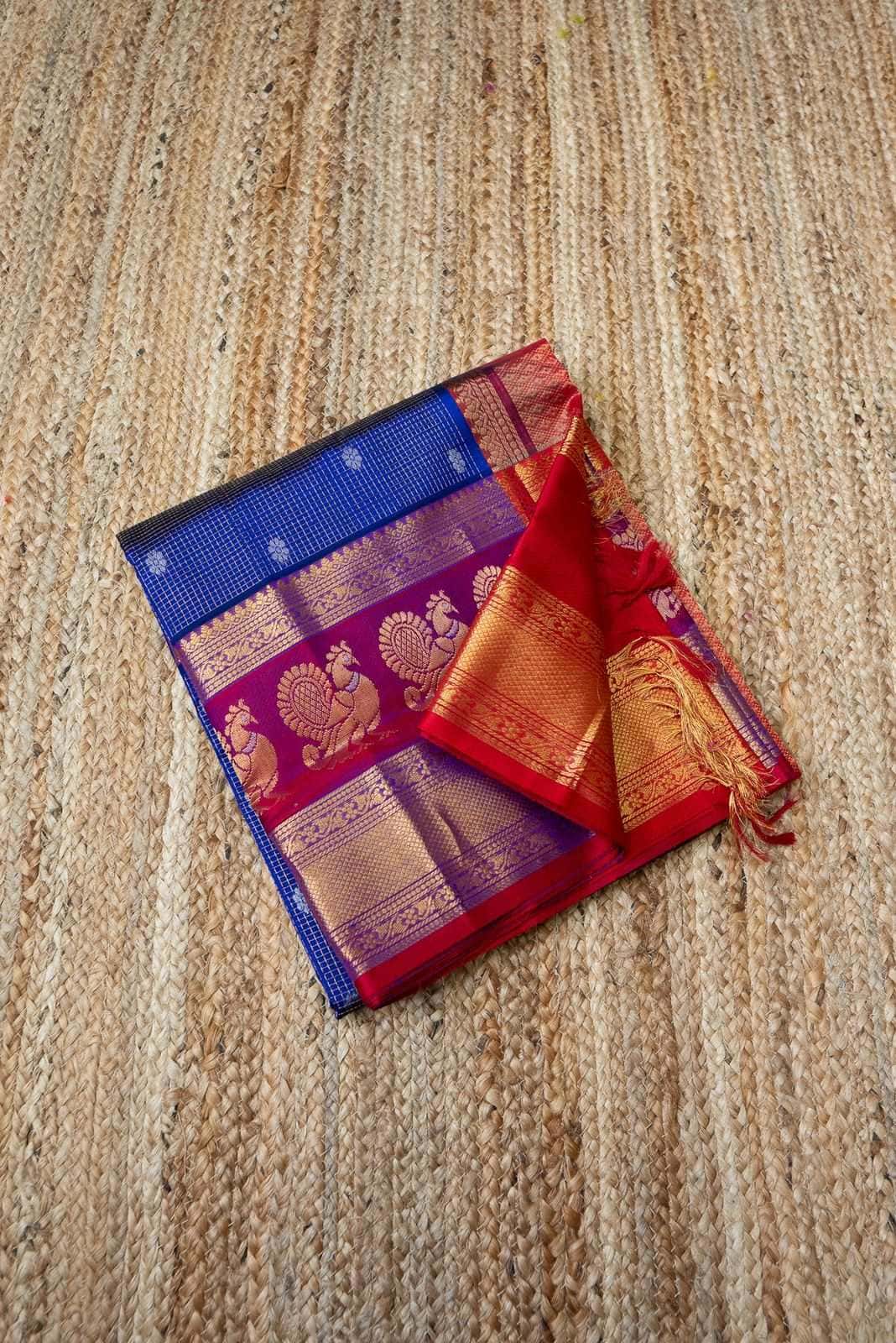 Korvai Saree in Cobalt Blue with Chilli Red and Silver Mayil Border - 044 - indeloom