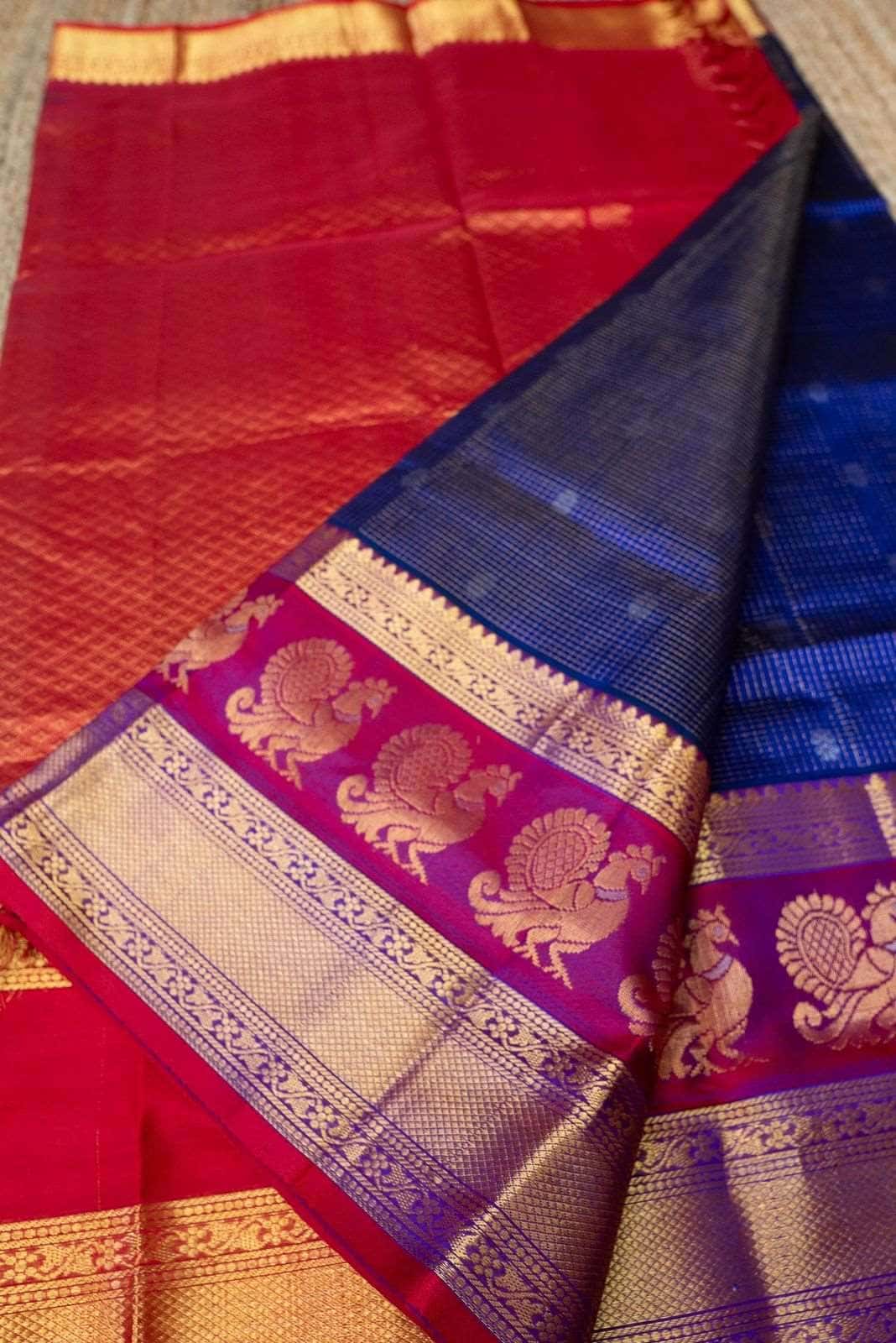 Korvai Saree in Cobalt Blue with Chilli Red and Silver Mayil Border - 044 - indeloom