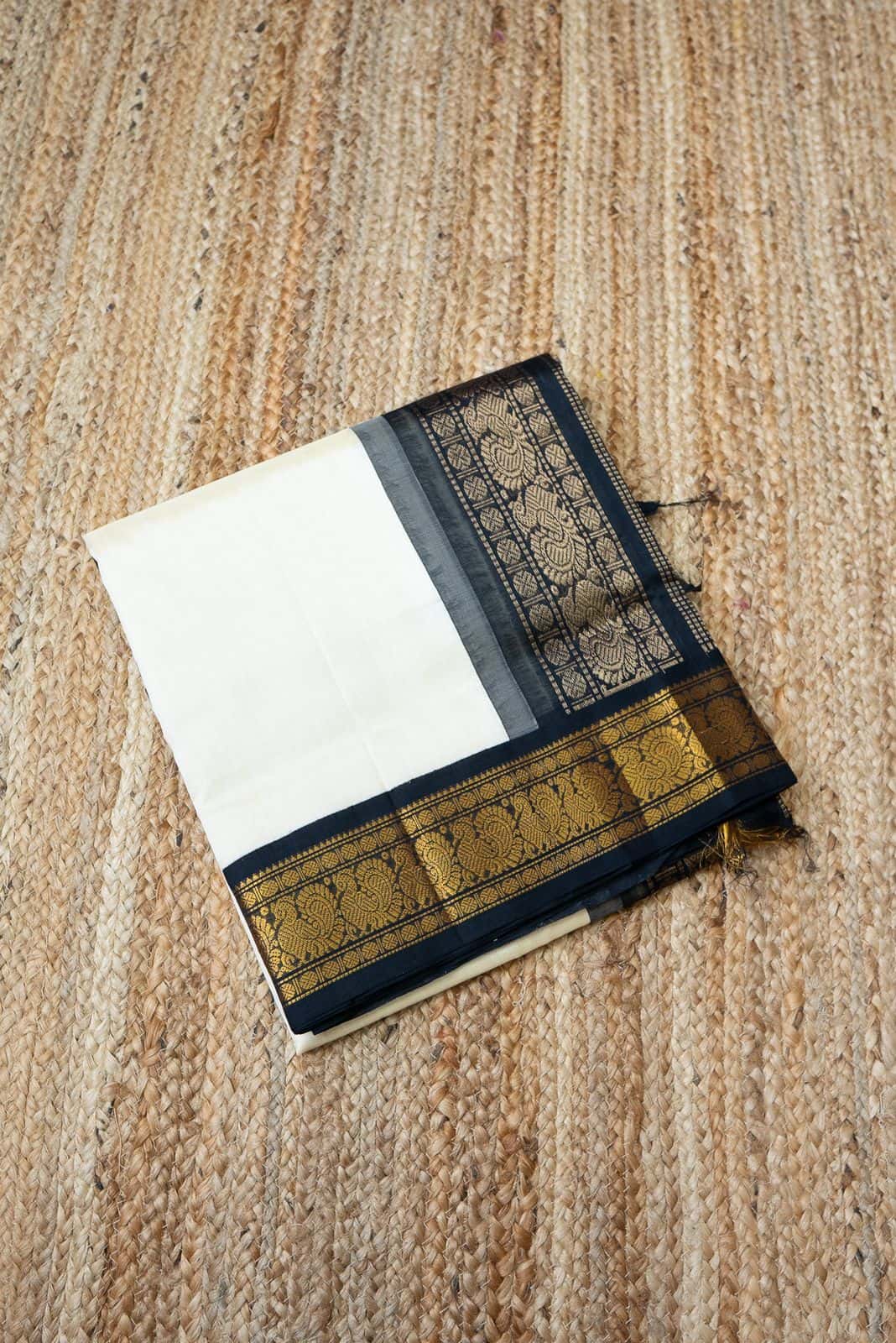 Korvai Saree in Daisy White-Soft Black border - 045 - indeloom