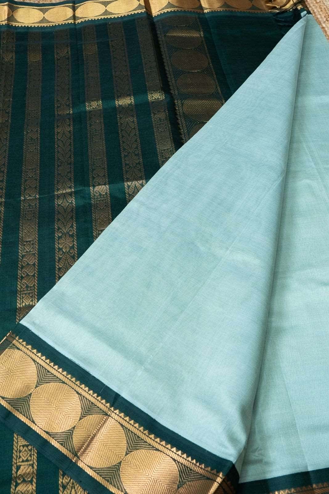 Korvai Saree in Baby Blue-Forest Green - 046 - indeloom