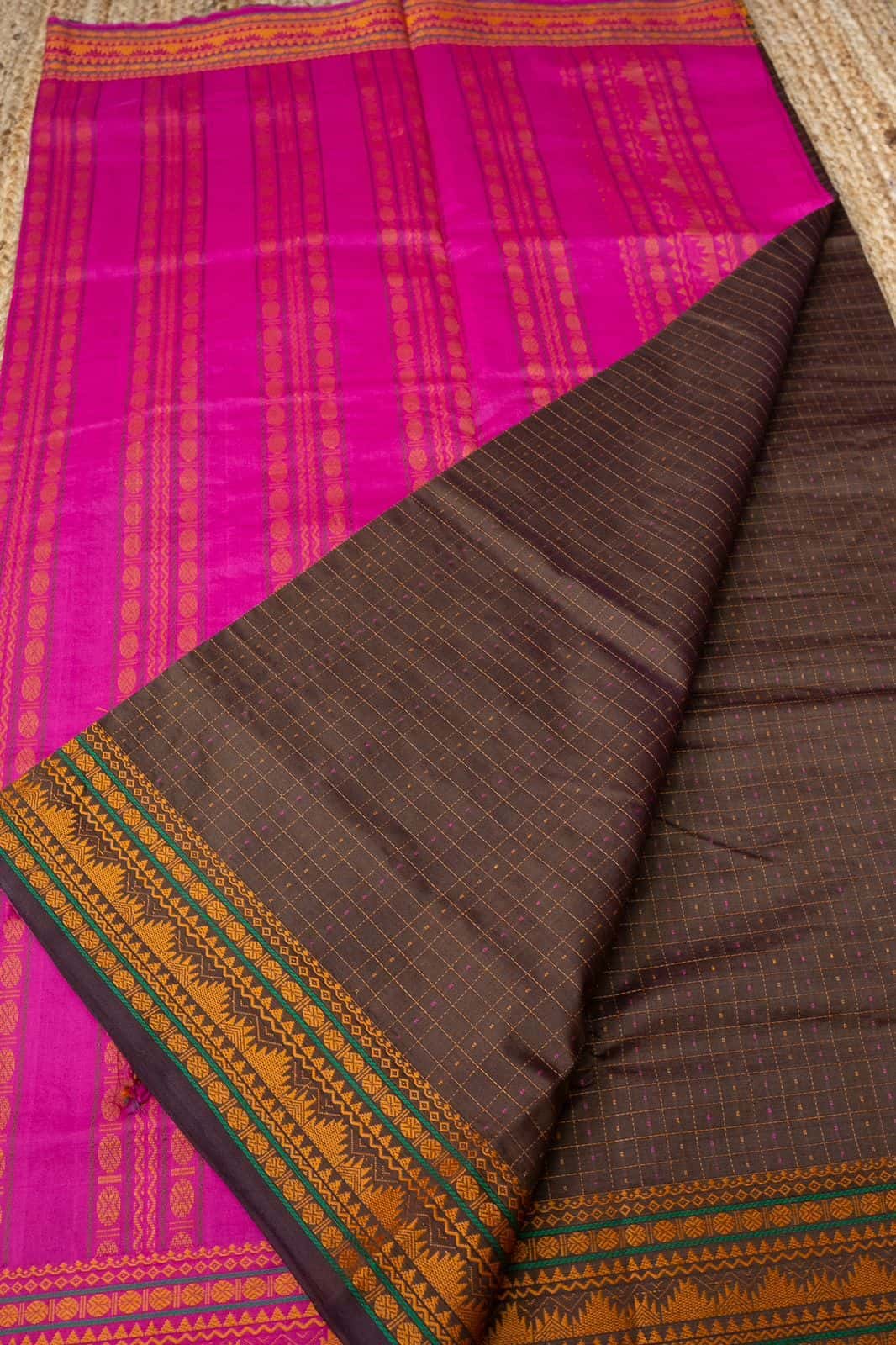 Korvai Saree in Magenta Pink and Umber Brown - 047 - indeloom