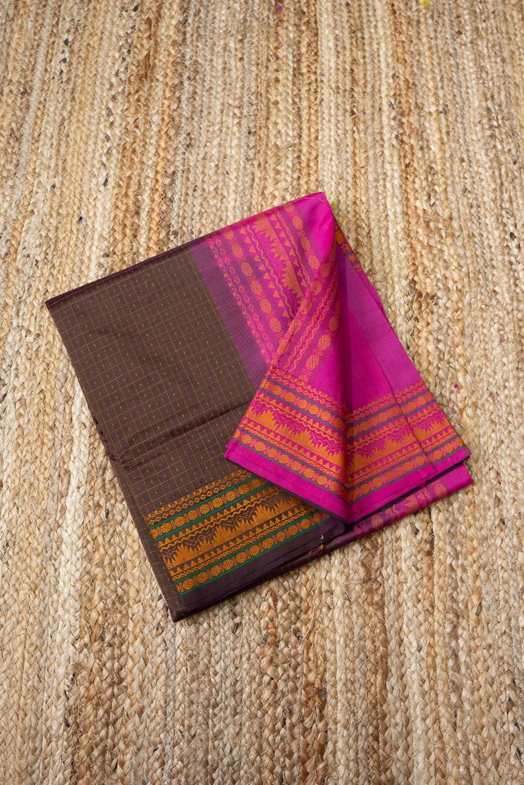 Korvai Saree in Magenta Pink and Umber Brown - 047 - indeloom