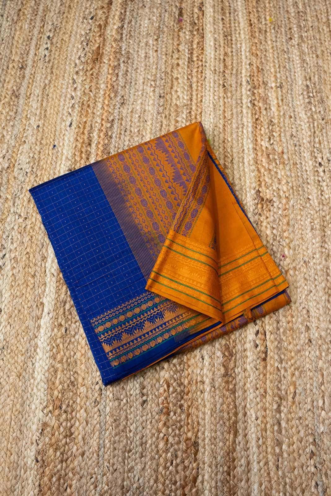 Korvai Saree in Carrot Orange and Navy Blue - 053 - indeloom