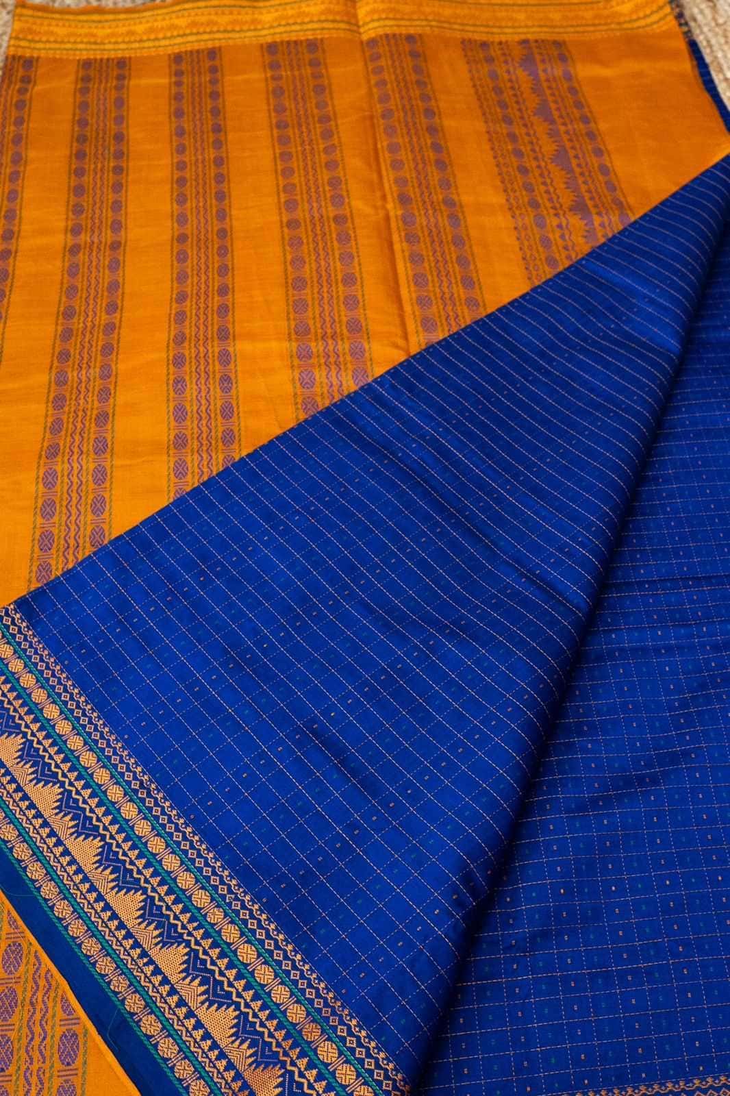 Korvai Saree in Carrot Orange and Navy Blue - 053 - indeloom